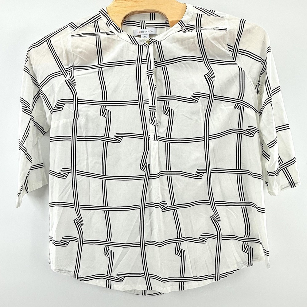Liz Claiborne Shirt Womens Medium White Black Plaid Button‎ Front 3/4 Sleeve Top